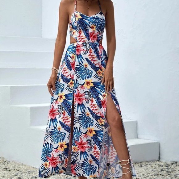 Split Thigh Tropical Print Cami Dress